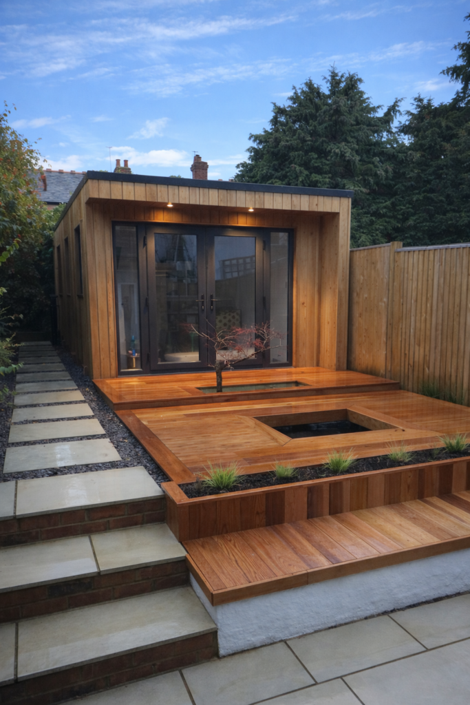 367CEDBE-8F3A-449E-8E27-ED417EA5543C Cedar garden room decking and steppingstones in ealing Surrey