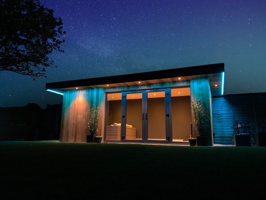Cedar garden room with led light strips and a starry sky
